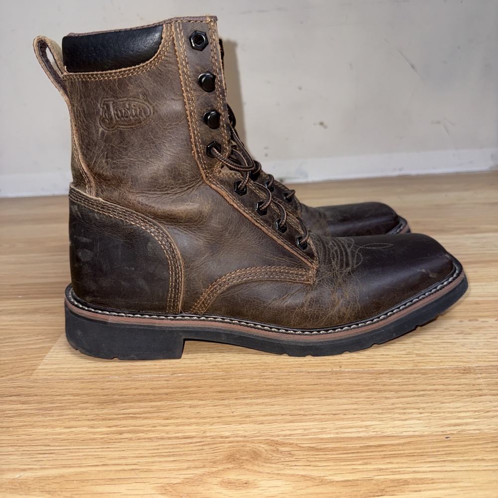 JUSTIN MEN'S STAMPEDE SQUARE TOE LACE-UP WORK BOOTS - SOFT TOE-681 Size 9.5D